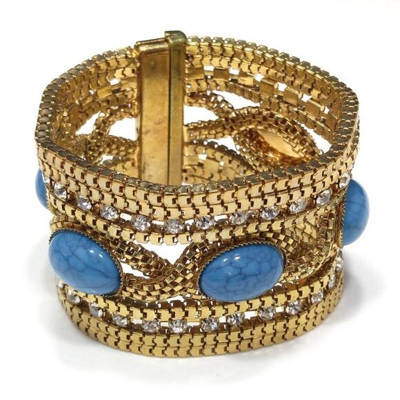 Boho Faux Turquoise Rhinestones Gold Tone Bracelet, 7 1/4 Inch, Magnetic Clasp - Picture 8 of 10